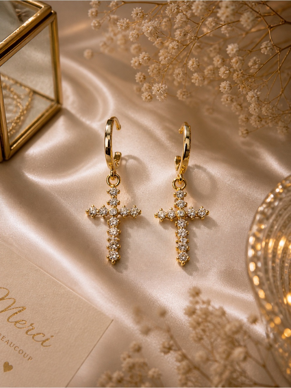 Gold Cubic Zirconia Cross Drop Hoop Earrings - Gold
